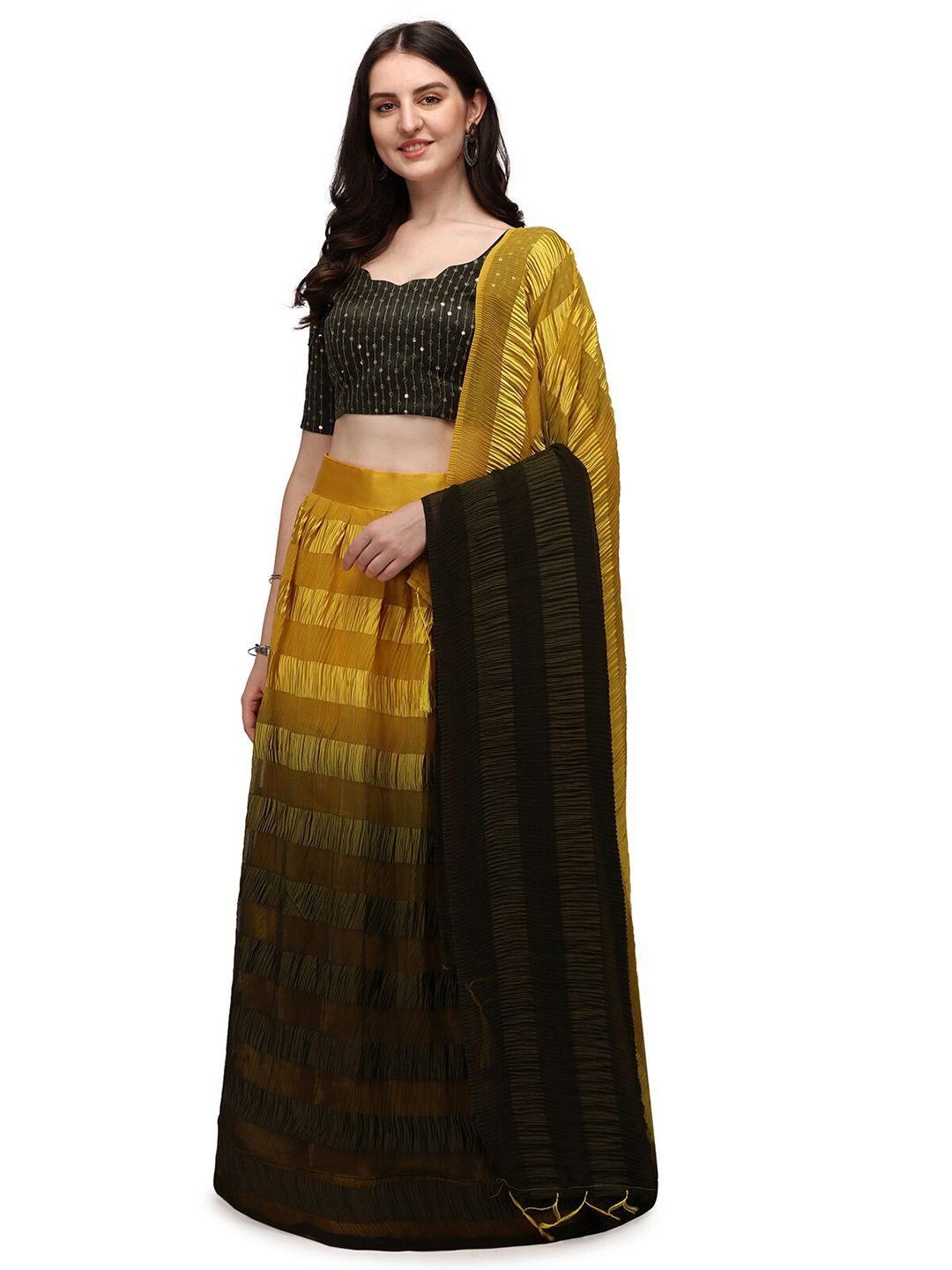Pratham Blue Black & Yellow Embellished Sequinned Semi-Stitched Lehenga & Unstitched Blouse With Dupatta Price in India