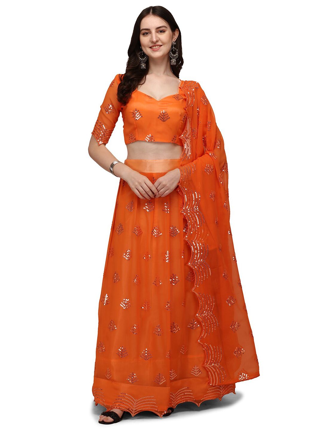 Pratham Blue Orange Embroidered Sequinned Semi-Stitched Lehenga & Unstitched Blouse With Dupatta Price in India