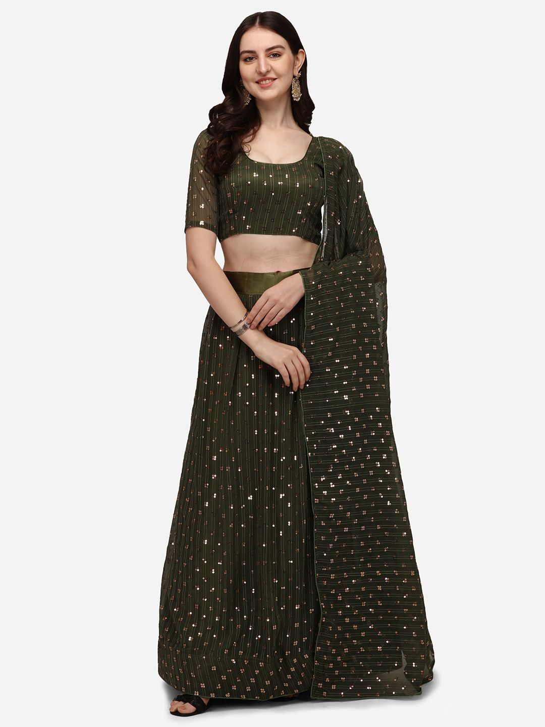 Pratham Blue Olive Green Sequinned Semi-Stitched Lehenga & Unstitched Blouse With Dupatta Price in India
