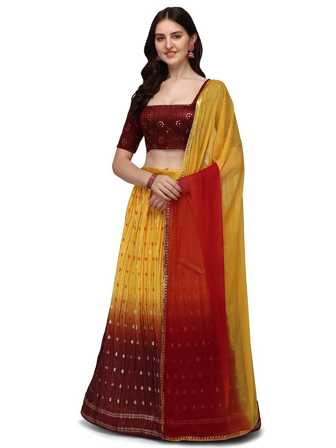 Pratham Blue Yellow & Maroon Embellished Sequinned Semi-Stitched Lehenga & Unstitched Blouse With Dupatta Price in India