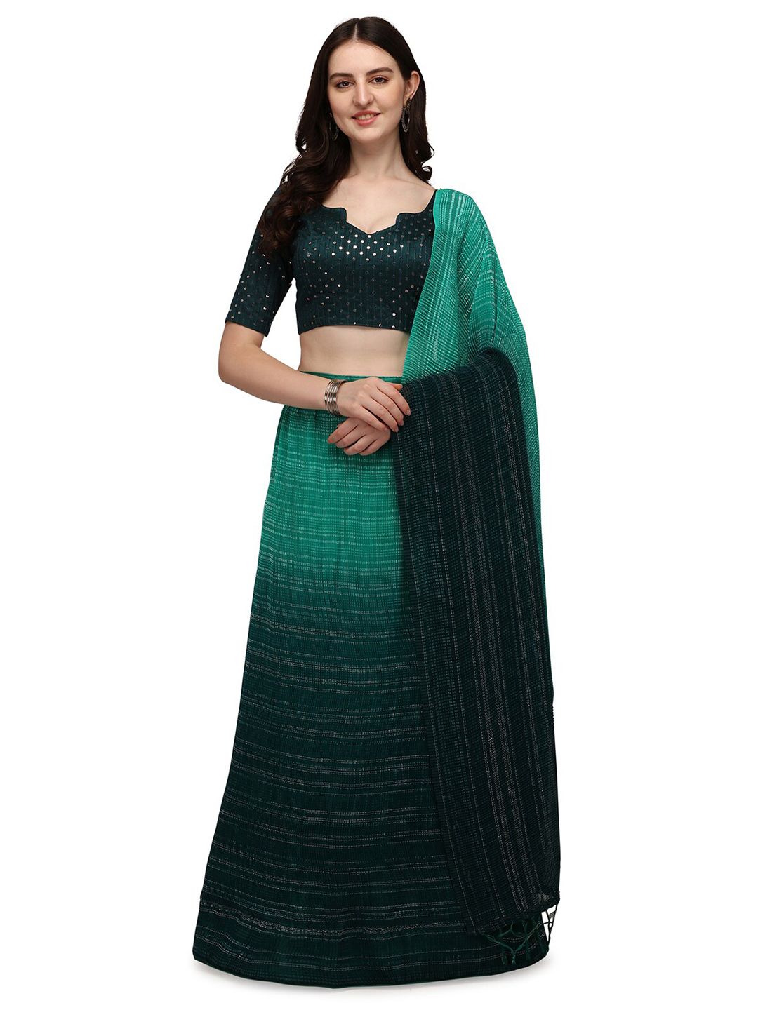 Pratham Blue Green Embroidered Semi-Stitched Lehenga & Unstitched Blouse With Dupatta Price in India