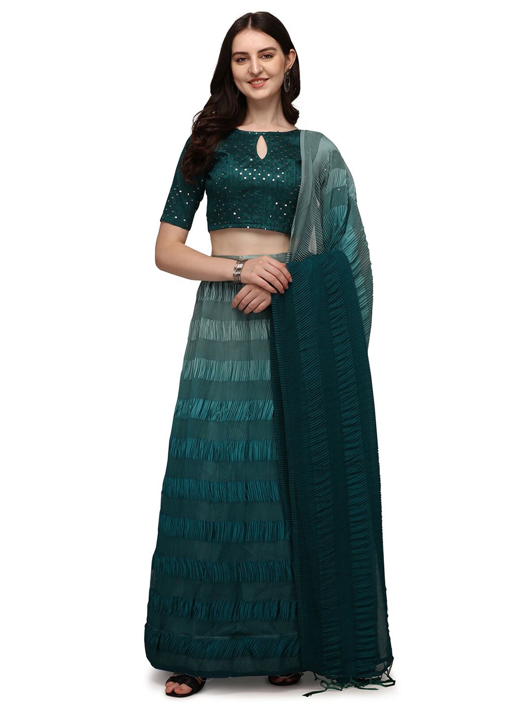 Pratham Blue Green Embroidered Semi-Stitched Lehenga & Unstitched Blouse With Dupatta Price in India