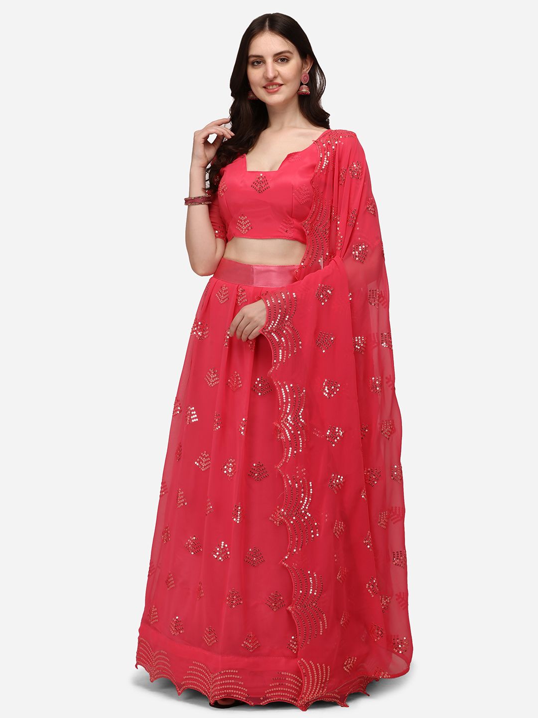 Pratham Blue Pink Embroidered Sequinned Semi-Stitched Lehenga & Unstitched Blouse With Dupatta Price in India