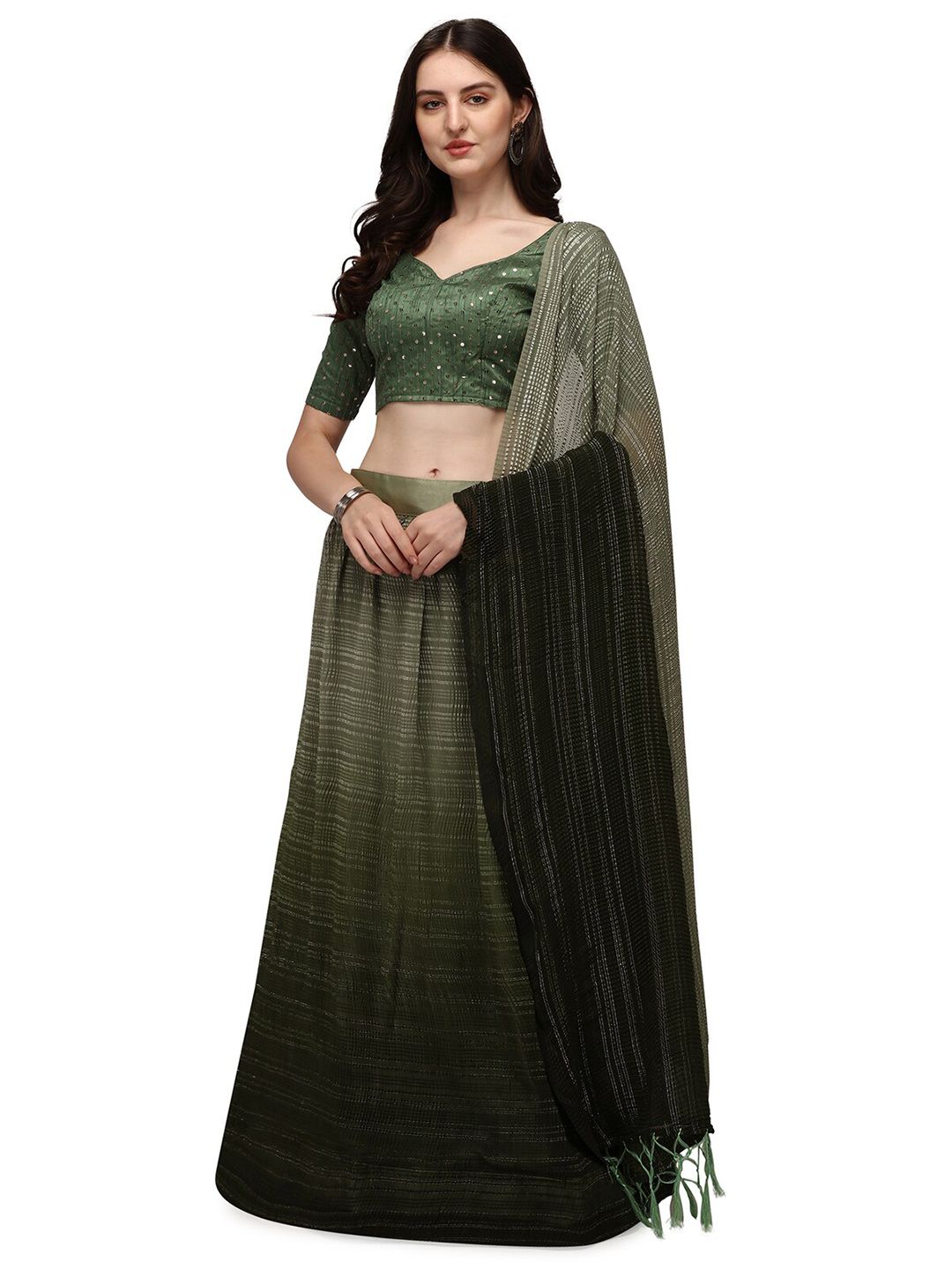 Pratham Blue Olive Green Embroidered Semi-Stitched Lehenga & Unstitched Blouse With Dupatta Price in India