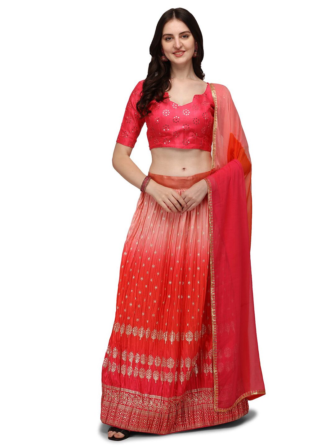 Pratham Blue Pink Embroidered Semi-Stitched Lehenga & Unstitched Blouse With Dupatta Price in India