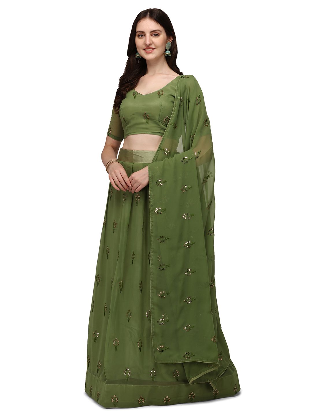 Pratham Blue Green Embellished Sequinned Semi-Stitched Lehenga & Unstitched Blouse With Dupatta Price in India