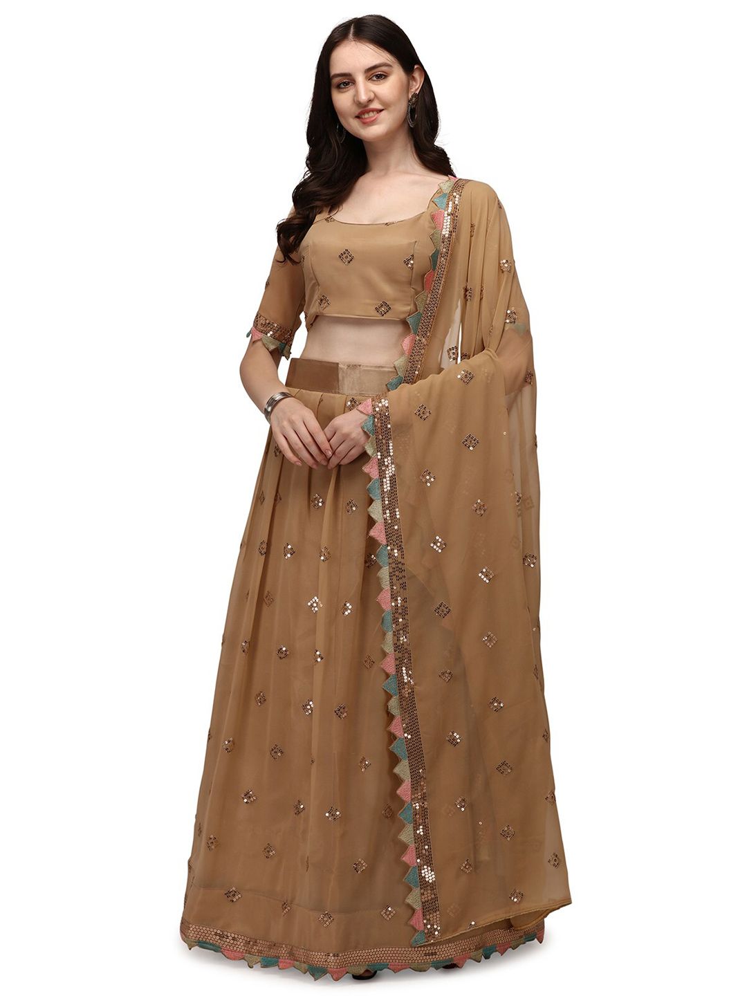 Pratham Blue Beige Embroidered Sequinned Semi-Stitched Lehenga & Unstitched Blouse With Dupatta Price in India