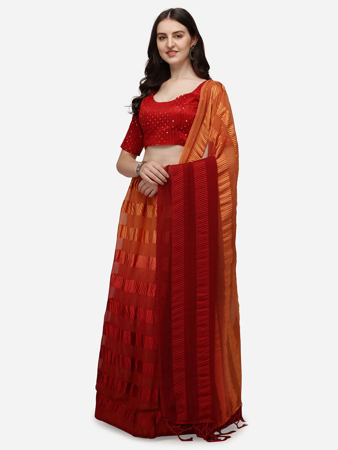 Pratham Blue Orange & Red Embellished Semi-Stitched Lehenga & Unstitched Blouse With Dupatta Price in India
