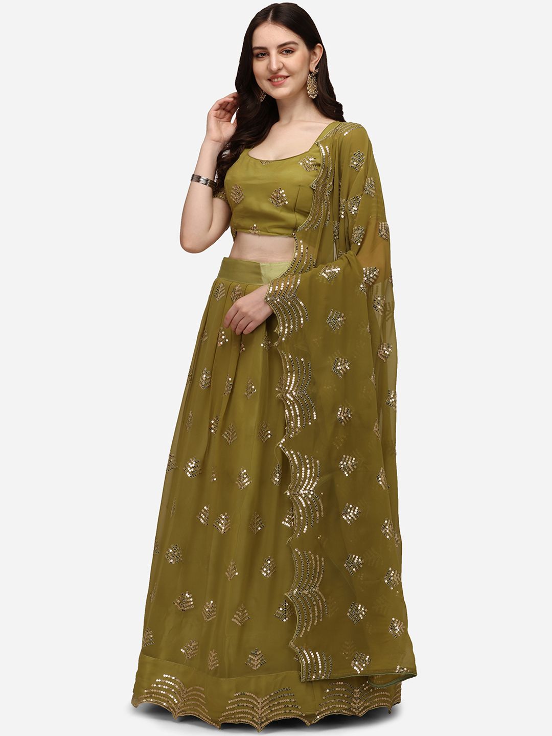 Pratham Blue Olive Green Sequinned Semi-Stitched Lehenga & Unstitched Blouse With Dupatta Price in India