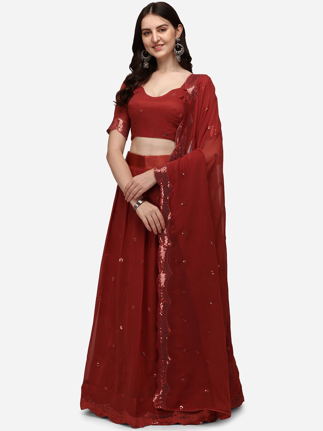 Pratham Blue Maroon Embroidered Sequinned Semi-Stitched Lehenga & Unstitched Blouse With Dupatta Price in India