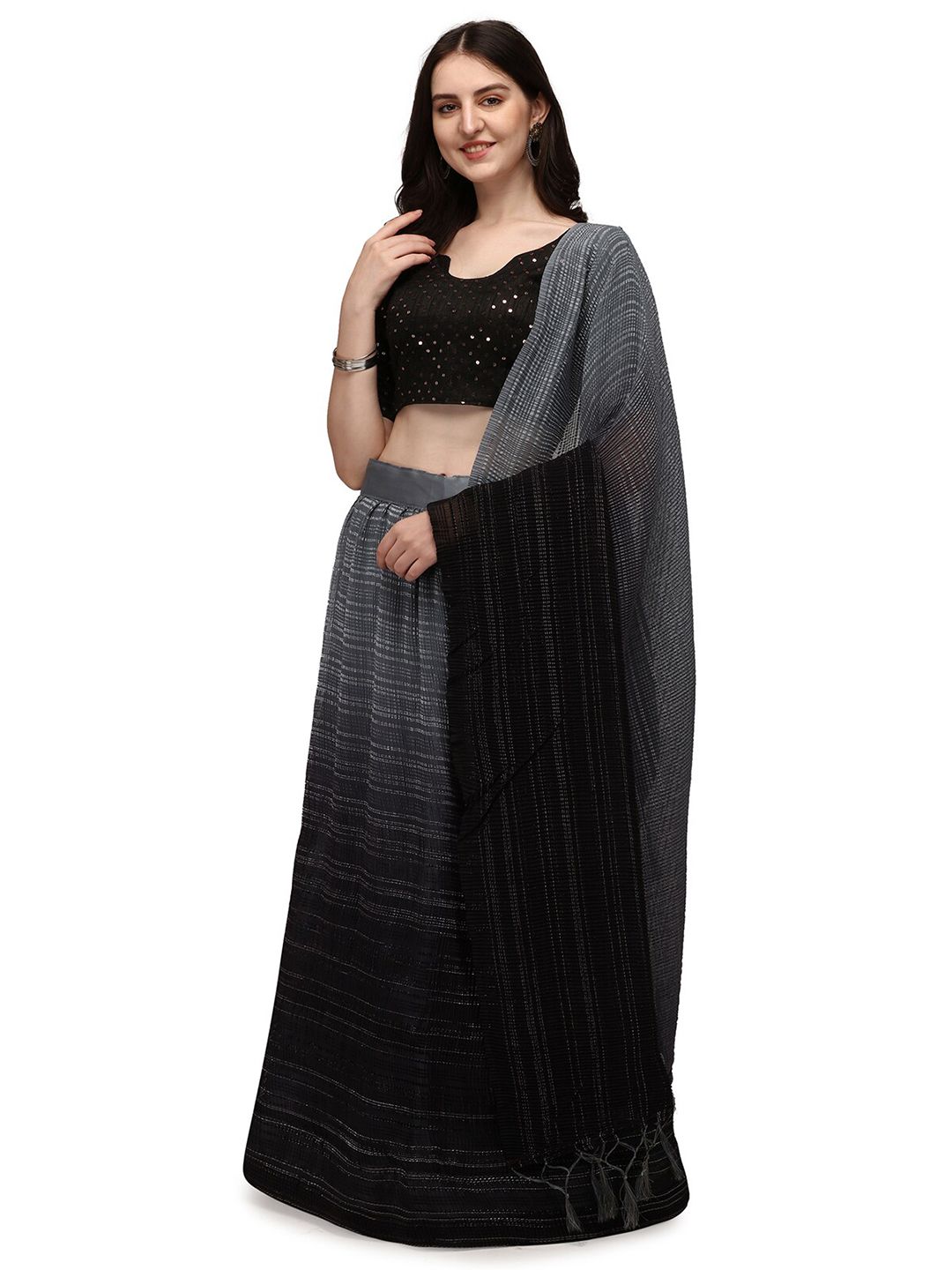 Pratham Blue Grey & Black Embellished Sequinned Semi-Stitched Lehenga & Unstitched Blouse With Dupatta Price in India