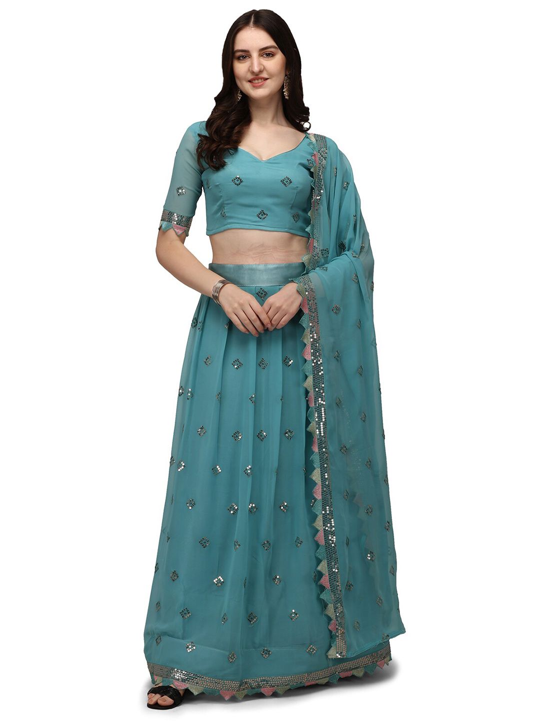 Pratham Blue Teal Blue Sequinned Semi-Stitched Lehenga & Unstitched Blouse With Dupatta Price in India