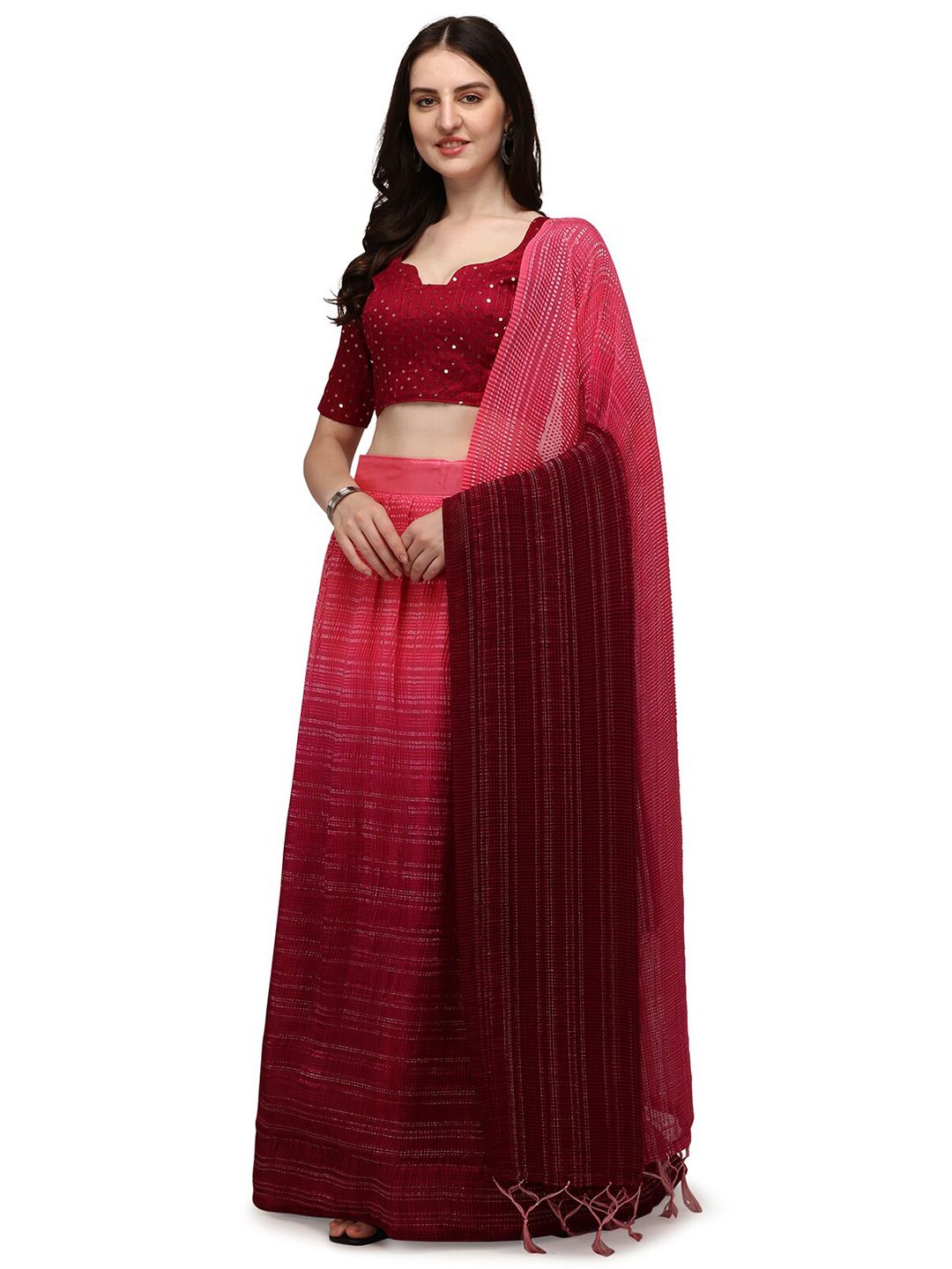 Pratham Blue Pink & Maroon Embroidered Semi-Stitched Lehenga & Unstitched Blouse With Dupatta Price in India