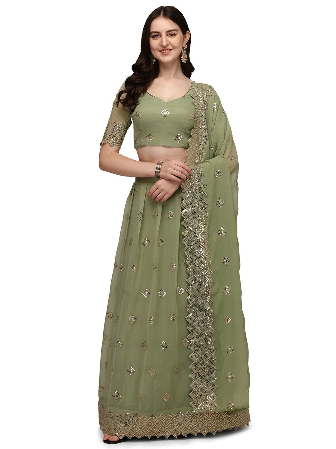 Pratham Blue Olive Green & Gold Sequinned Semi-Stitched Lehenga & Unstitched Blouse With Price in India