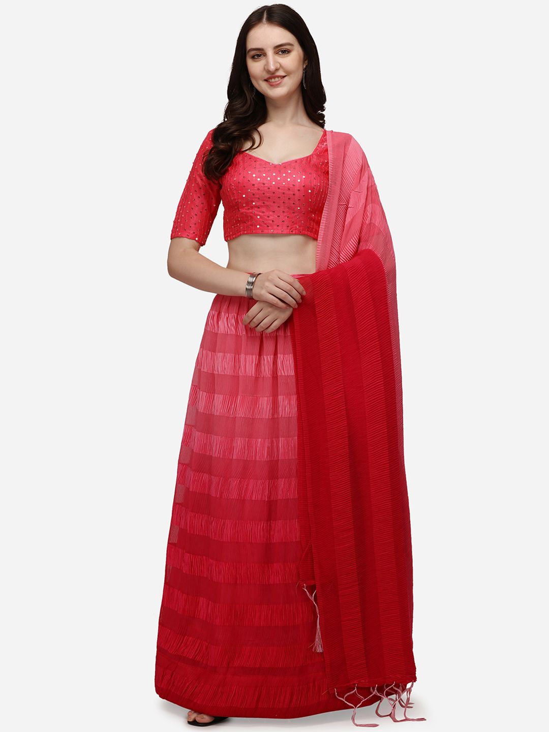 Pratham Blue Pink Embroidered Semi-Stitched Lehenga & Unstitched Blouse With Dupatta Price in India