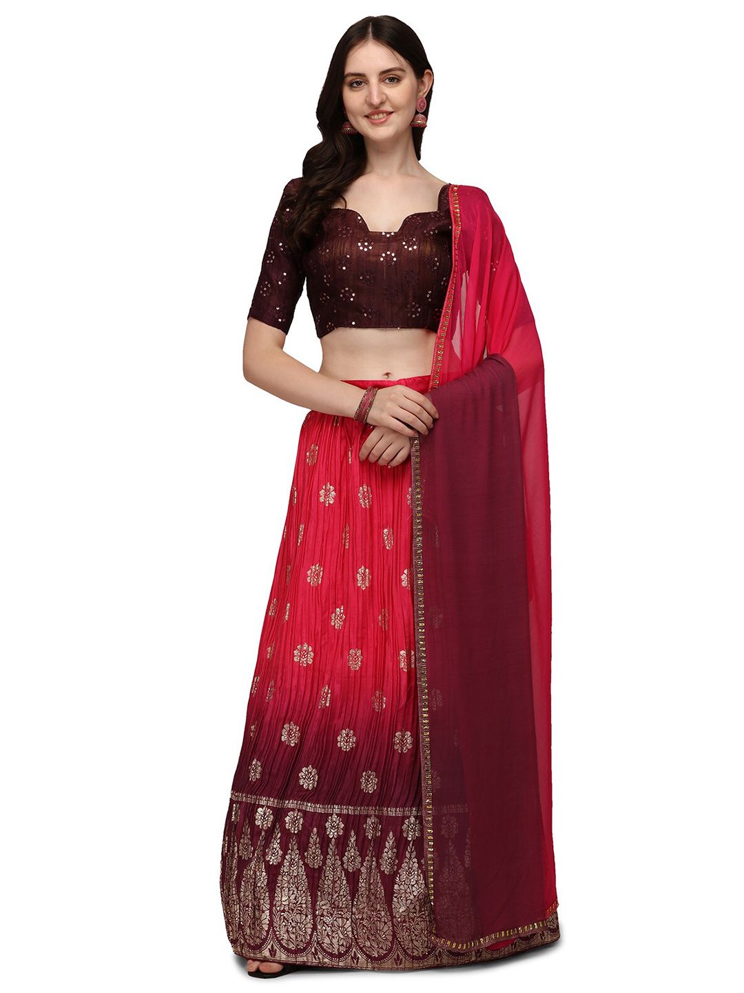 Pratham Blue Pink & Maroon Embroidered Semi-Stitched Lehenga & Unstitched Blouse With Dupatta Price in India
