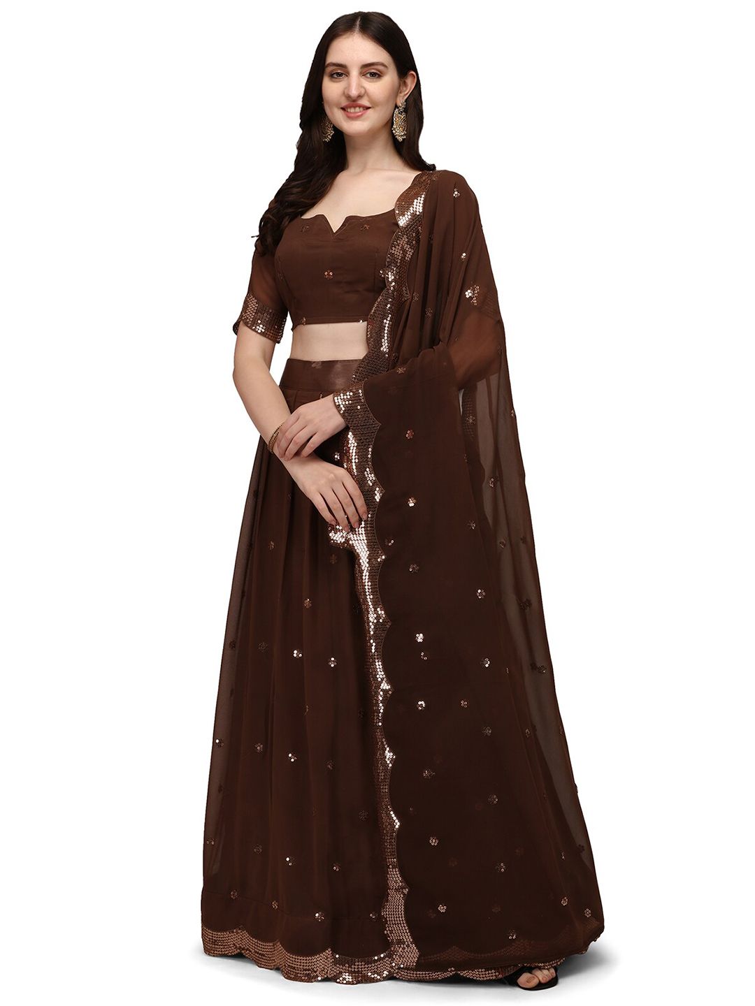 Pratham Blue Brown & Golden Semi-Stitched Lehenga & Unstitched Blouse With Dupatta Price in India