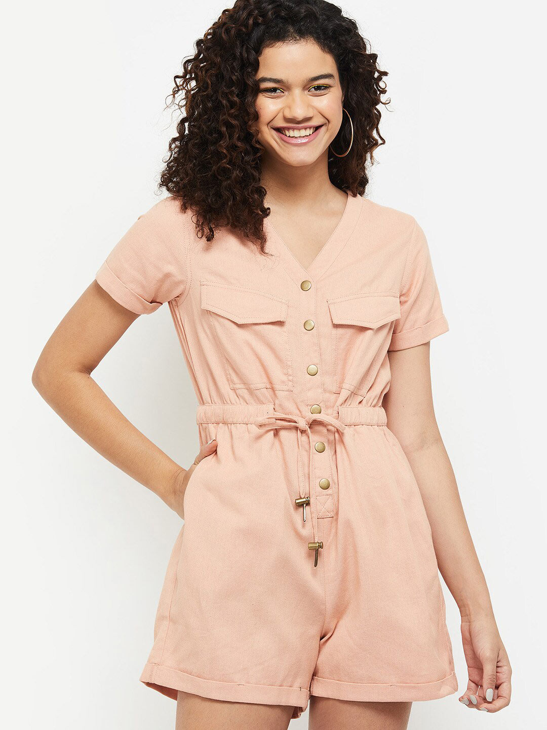 max Women Peach-Coloured Waist Tie-Up Playsuit Price in India