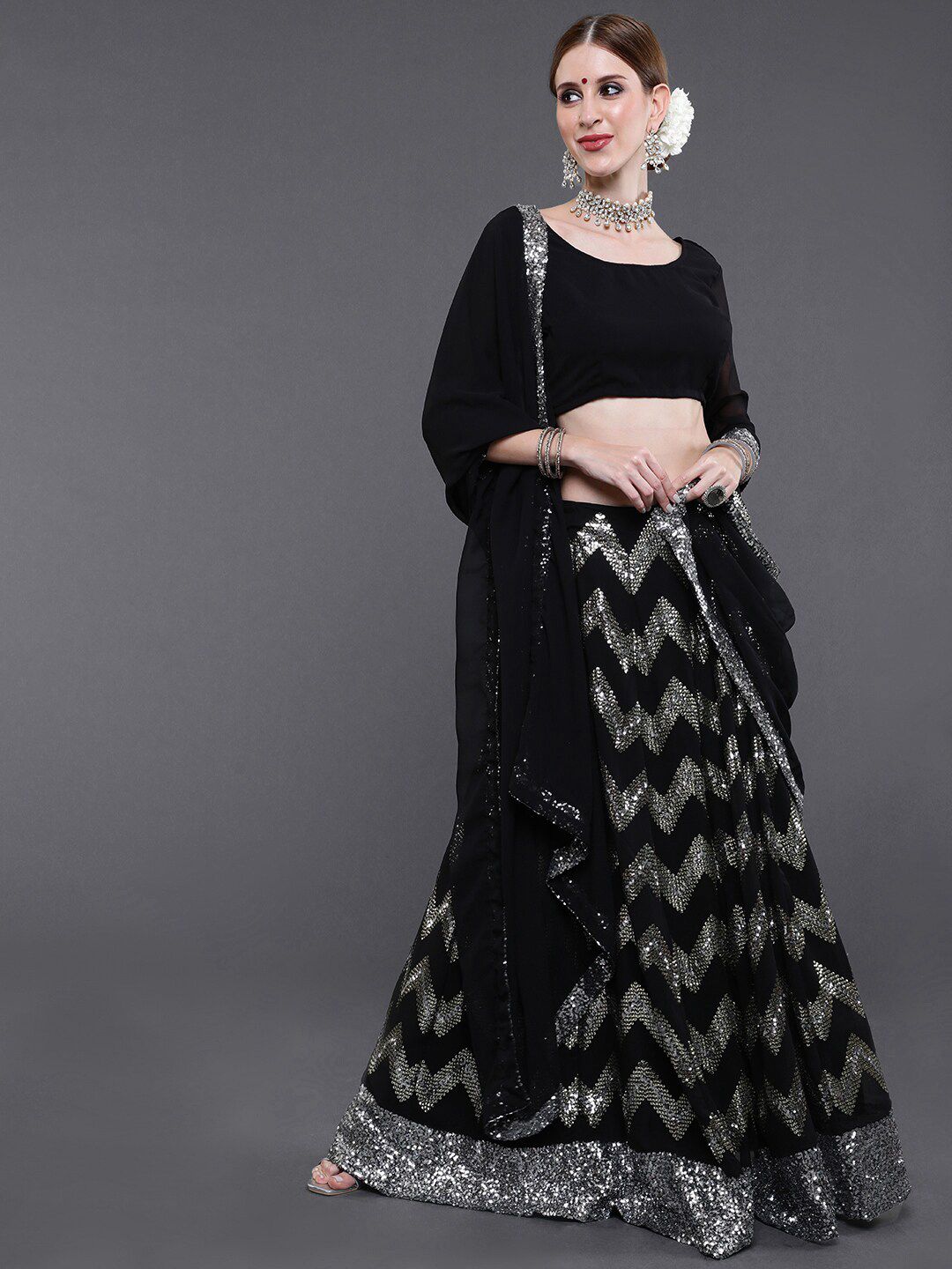 saubhagya Black Embellished Ready to Wear Lehenga & Choli With Dupatta Price in India