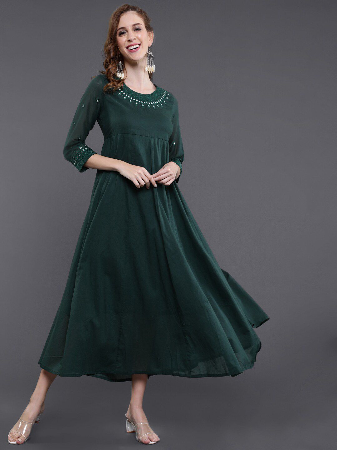 saubhagya Women Green A-Line Midi Dress Price in India