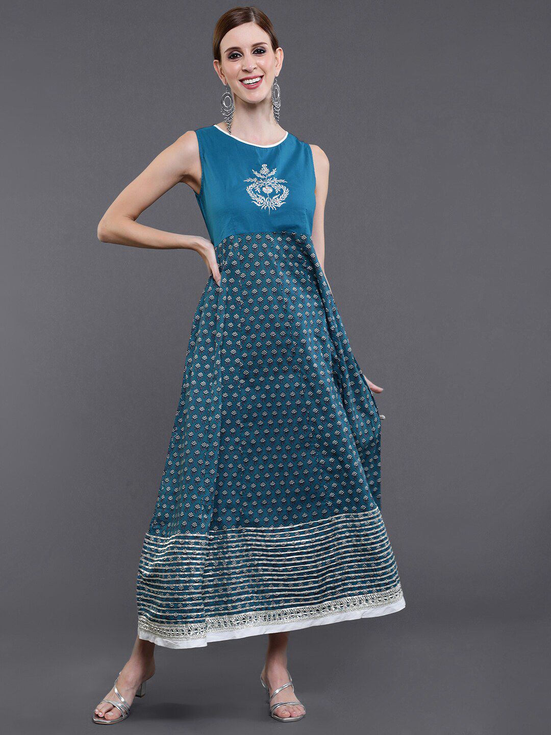 saubhagya Women Blue Floral Printed Maxi Dress Price in India