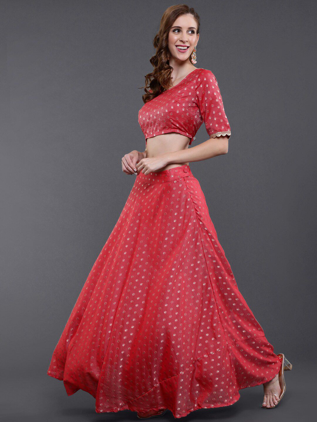 saubhagya Red & Pink Printed Ready to Wear Lehenga & Blouse With Dupatta Price in India
