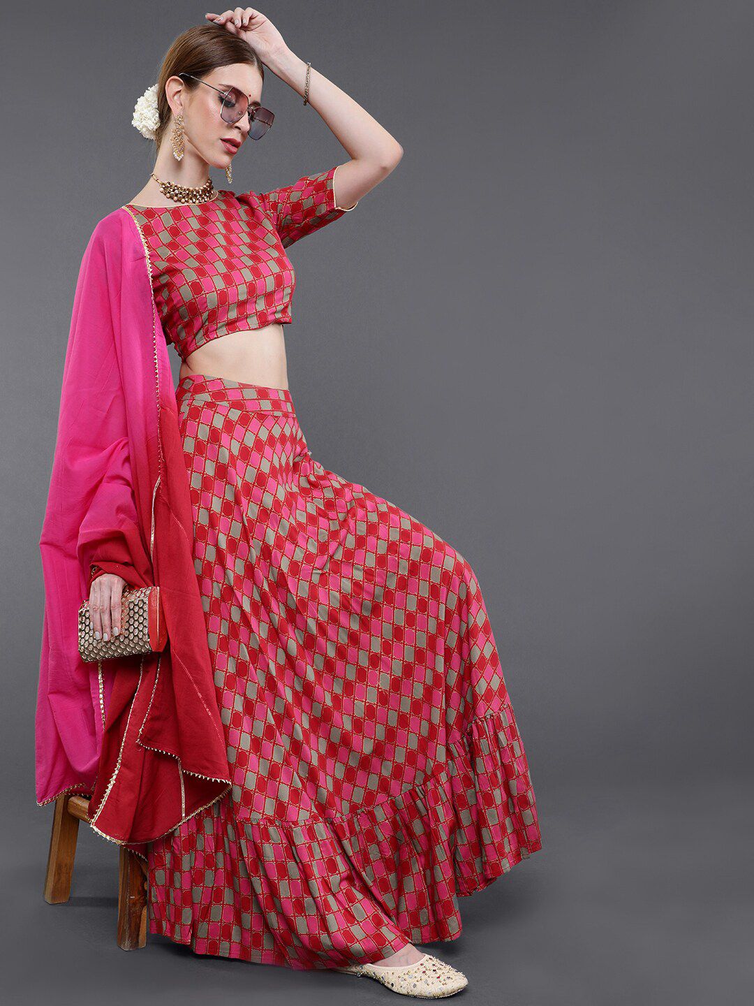 saubhagya Red & Pink Ready to Wear Lehenga & Blouse With Dupatta Price in India