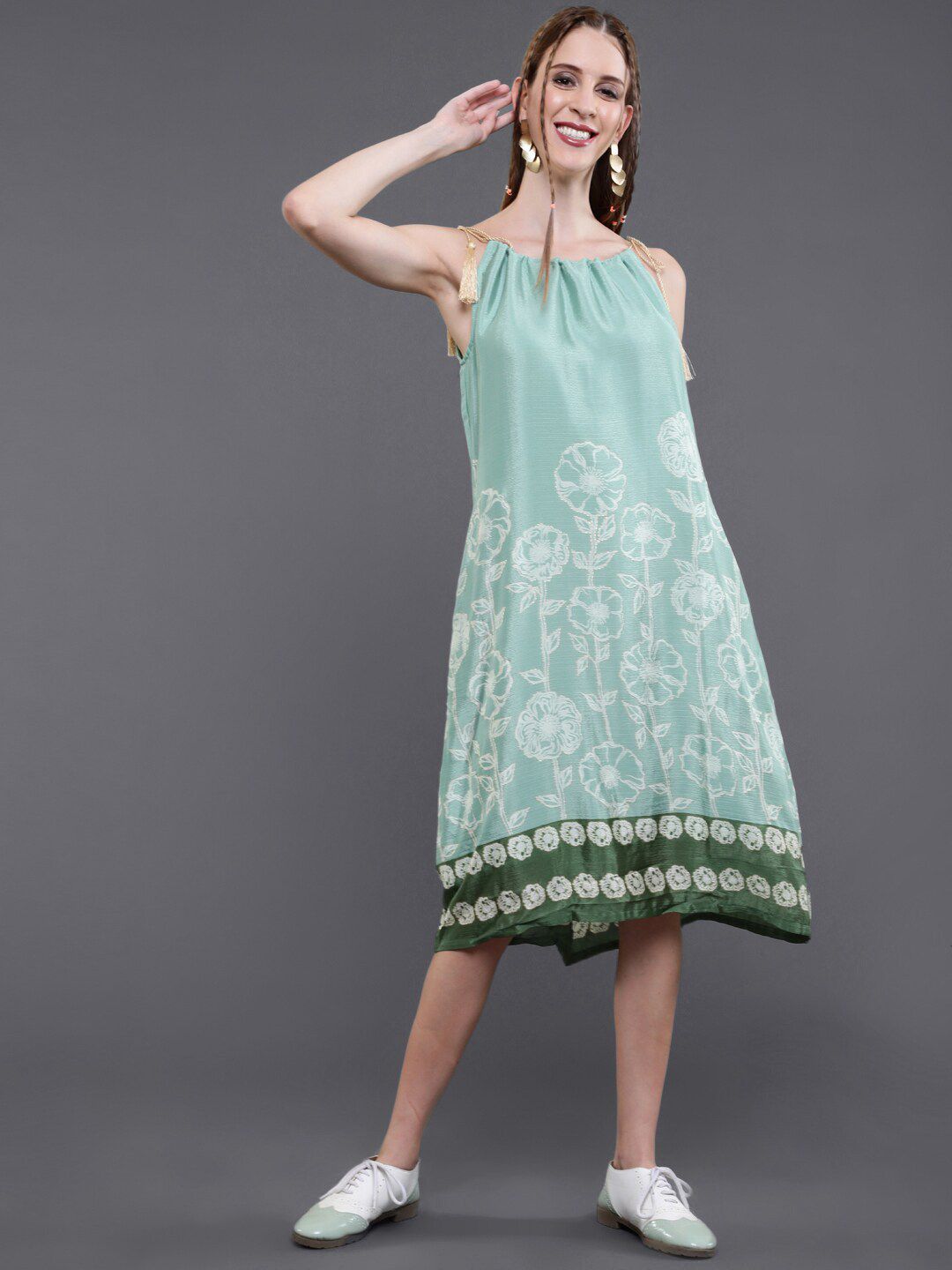 saubhagya Women Green A-Line Midi Dress Price in India