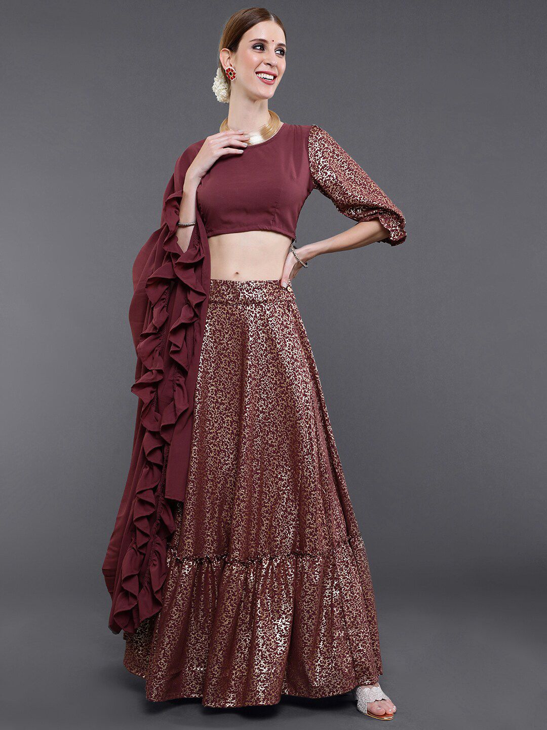 saubhagya Burgundy & Gold-Toned Printed Ready to Wear Lehenga & Blouse With Dupatta Price in India