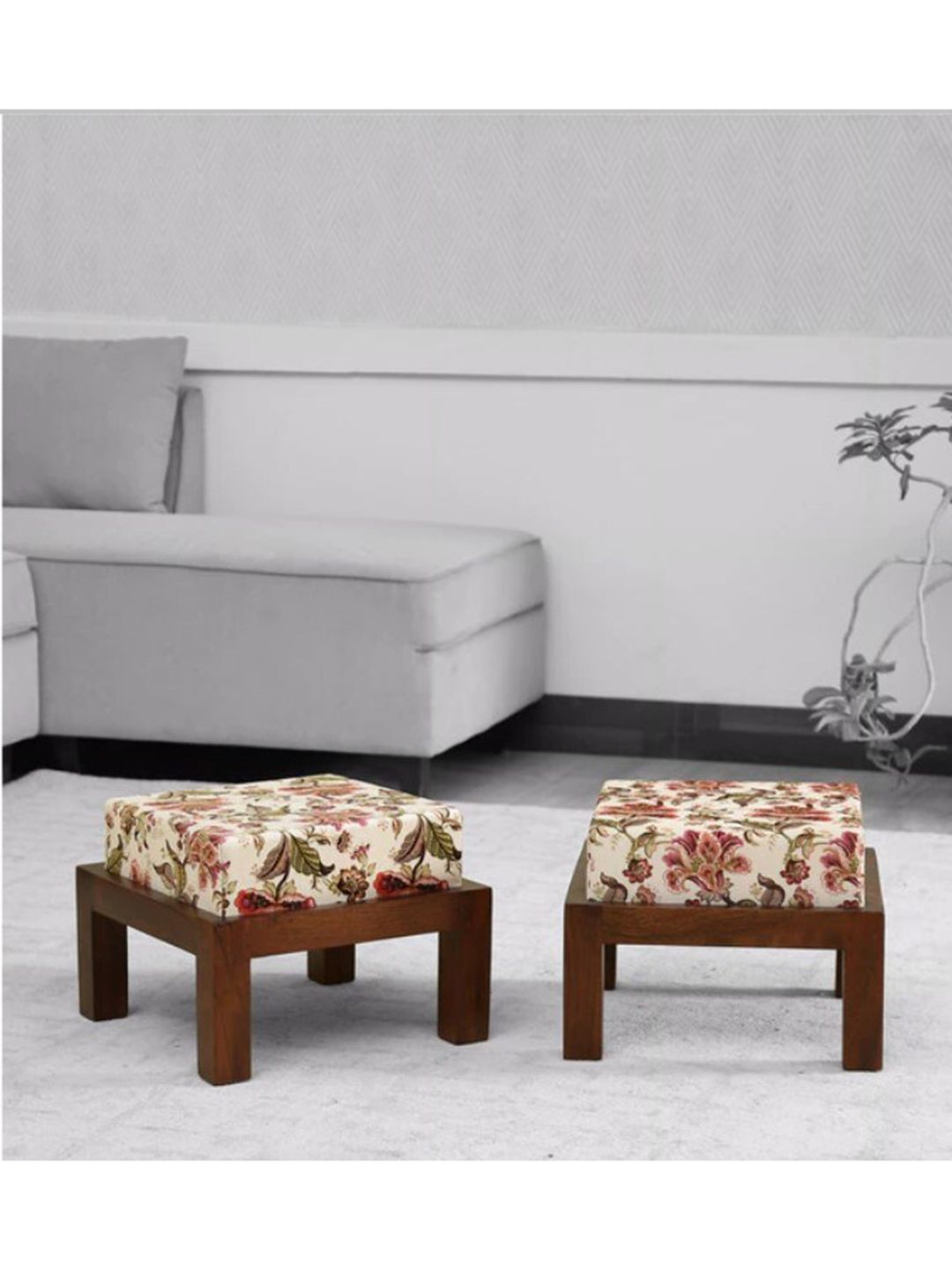 GLOBALLY INDIAN Set of 2 Cream & Brown Printed Acacia Wood Low-Heighted Ottomans Price in India