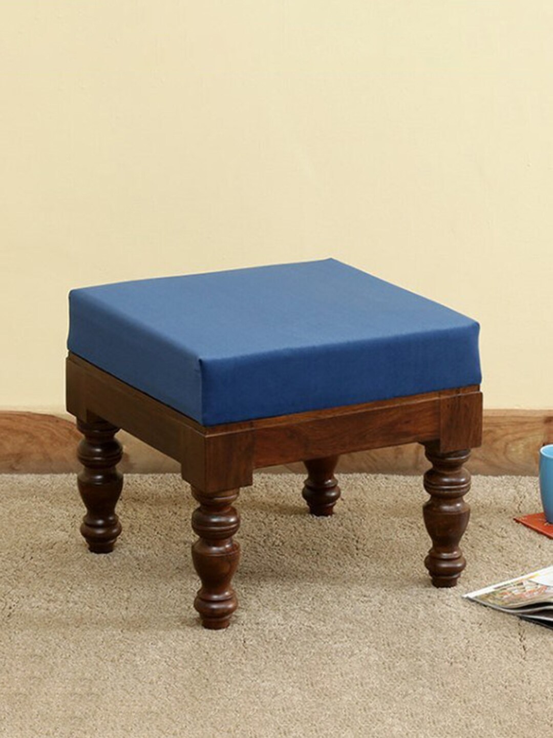 Globally Indian Brown & Navy Blue Wood Contemporary Turning Stool With Upholstery Price in India