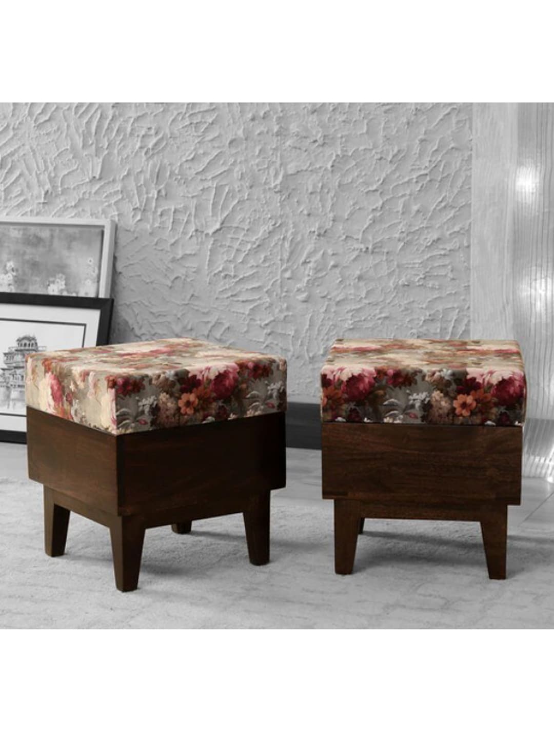 Globally Indian Set of 2 Multi-Coloured Mango Wood Ottomans Price in India