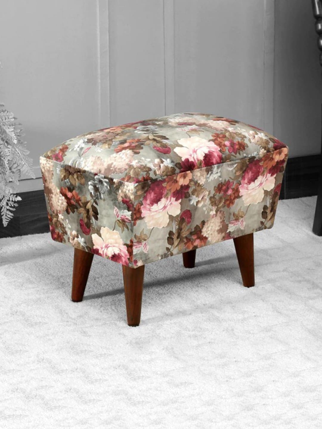 GLOBALLY INDIAN Green Floral Print Rectangular Wooden Ottoman Price in India