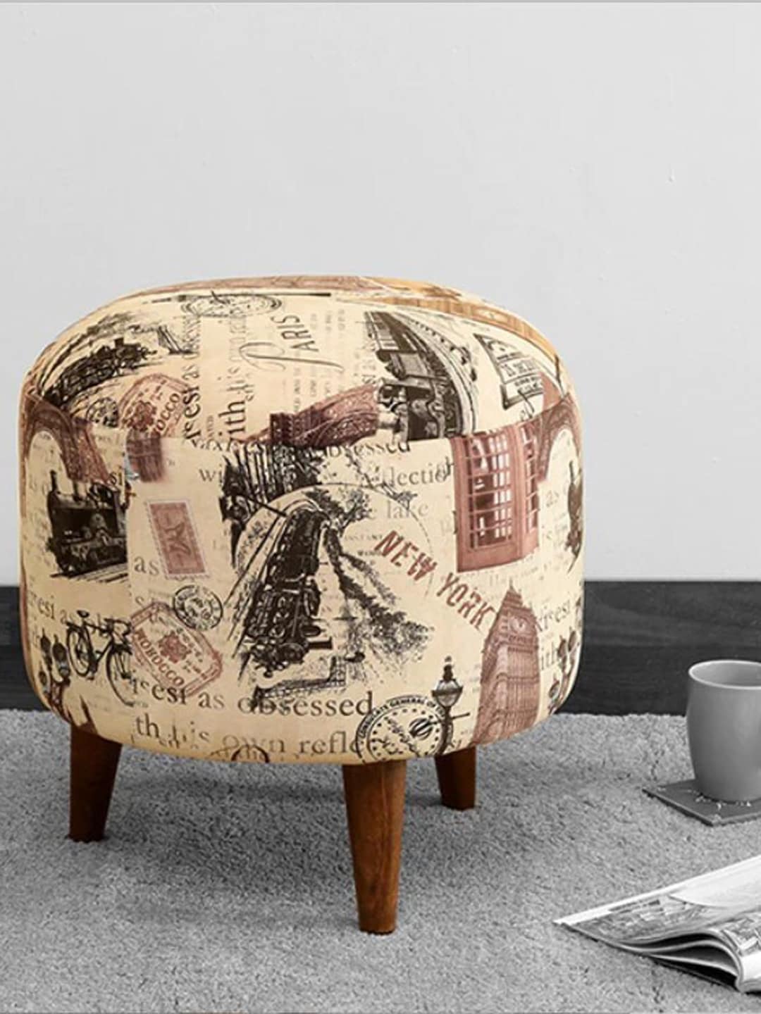 GLOBALLY INDIAN Off White & Camel Brown Printed Wooden Ottoman Price in India