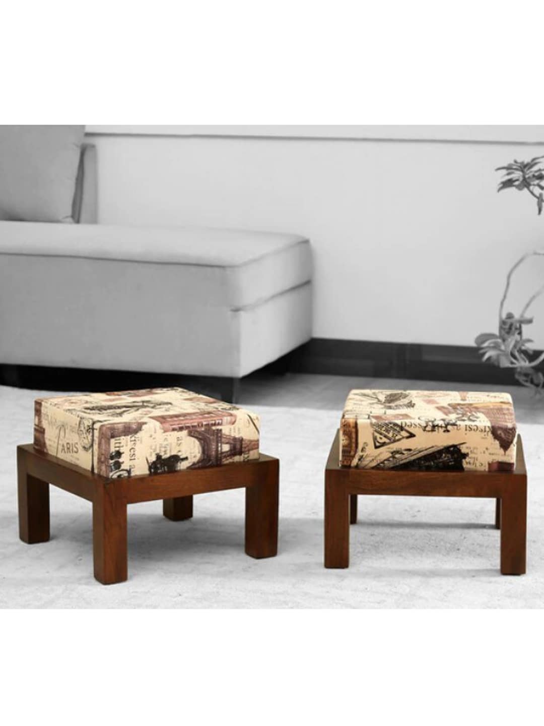 GLOBALLY INDIAN Set Of 2 Beige Acacia Wood Ottomans Price in India