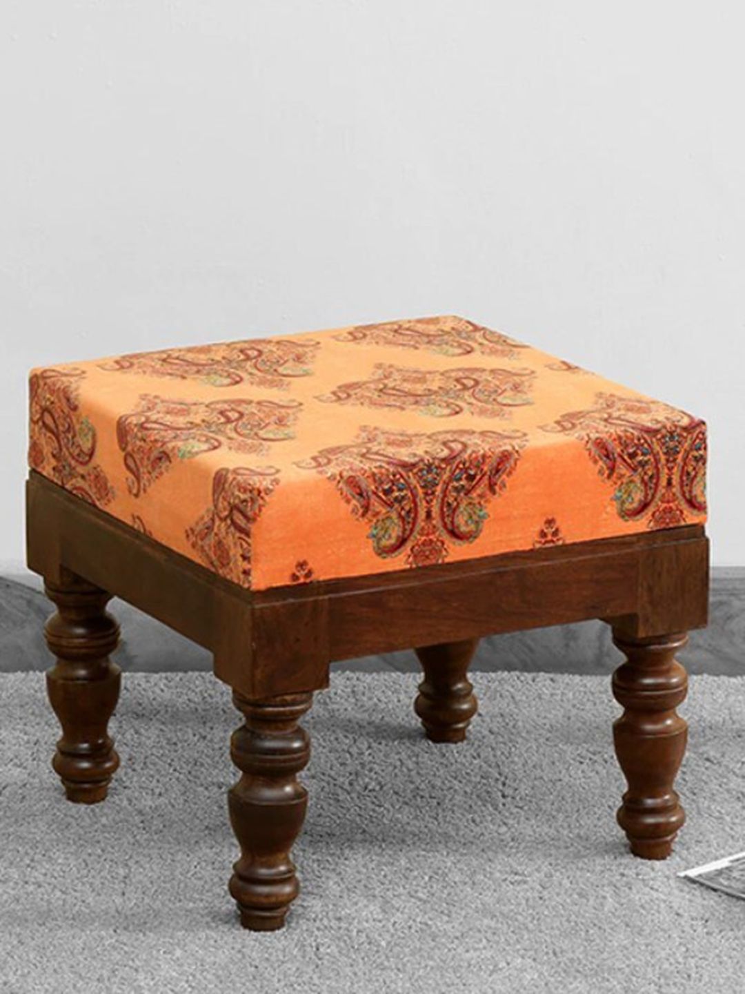 GLOBALLY INDIAN Orange Printed Wooden Square Ottoman Price in India
