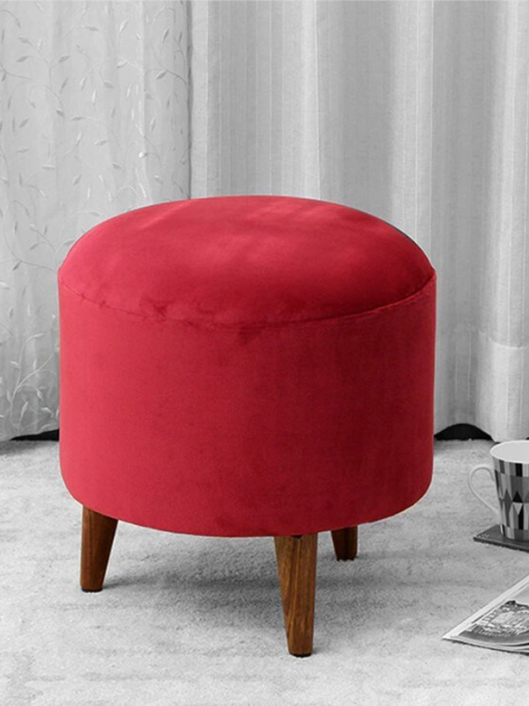 GLOBALLY INDIAN Red Round Puff in Sheesham Wood Ottoman Price in India