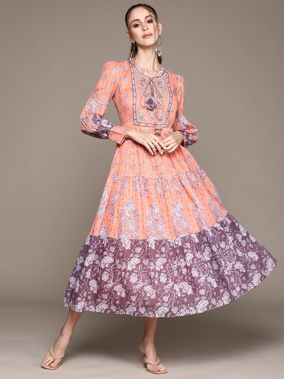 Ritu Kumar Peach-Coloured & Purple Floral Tie-Up Neck A-Line Maxi Dress Price in India