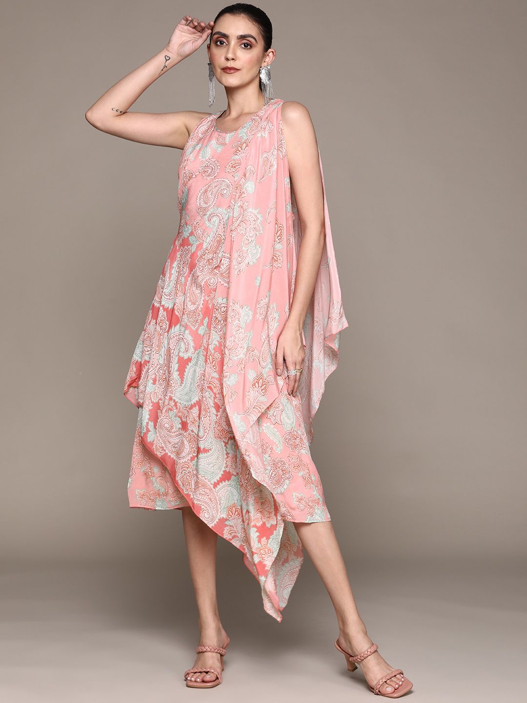 Ritu Kumar Pink Ethnic Motifs Crepe A-Line Midi Dress Price in India
