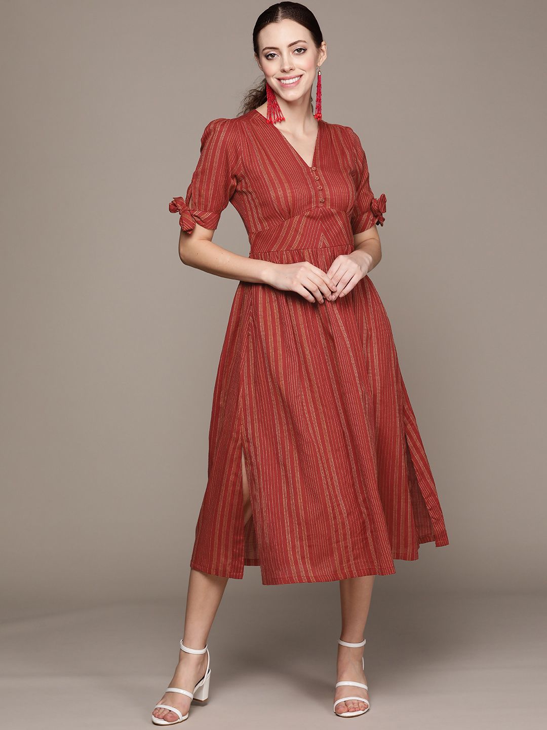 Ritu Kumar Women Red & Yellow Striped Pure Cotton A-Line Midi Dress Price in India