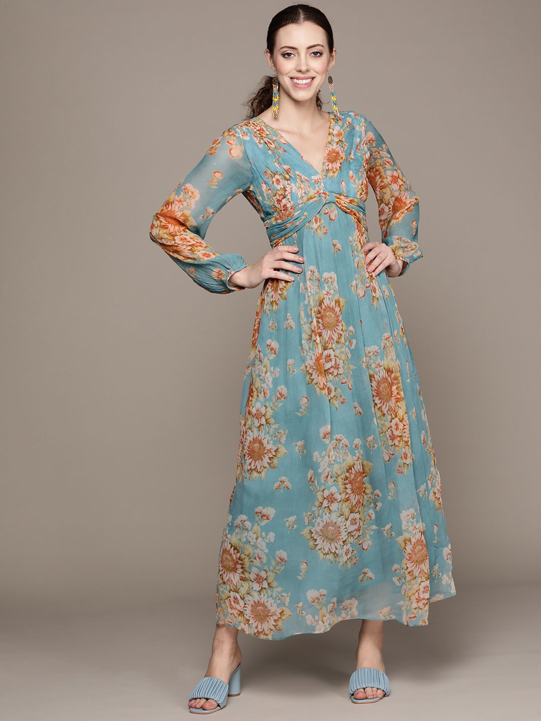 Ritu Kumar Women Blue & Mustard Brown Floral Chiffon Maxi Dress Price in India