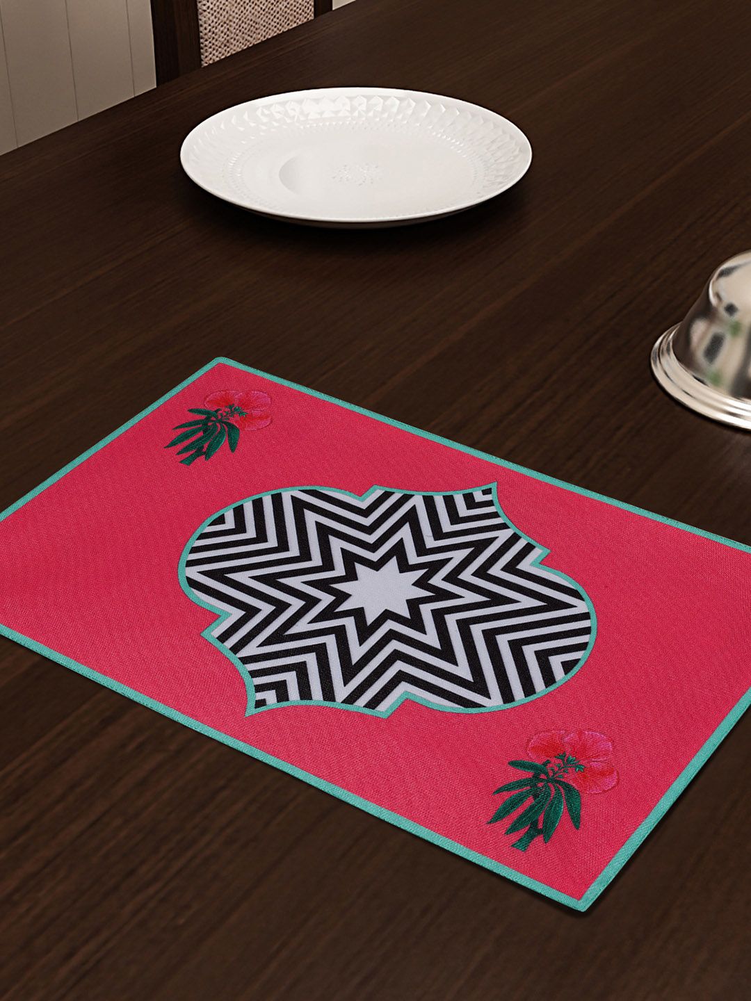 SEJ by Nisha Gupta Pink & Black Set of 6 Printed Table Placemats Price in India