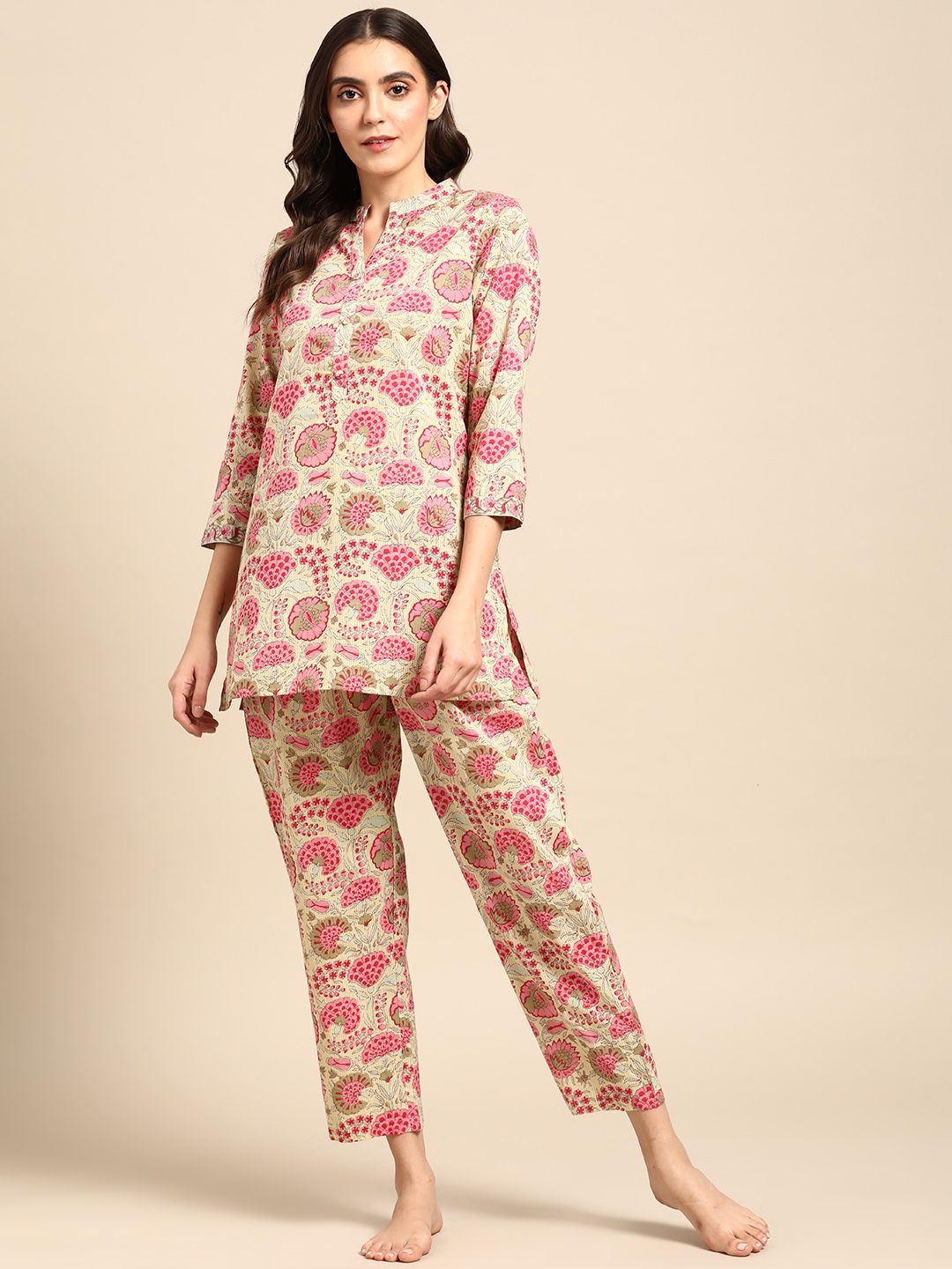 Prakrti Women Beige & Pink Printed Pure Cotton Night suit Price in India