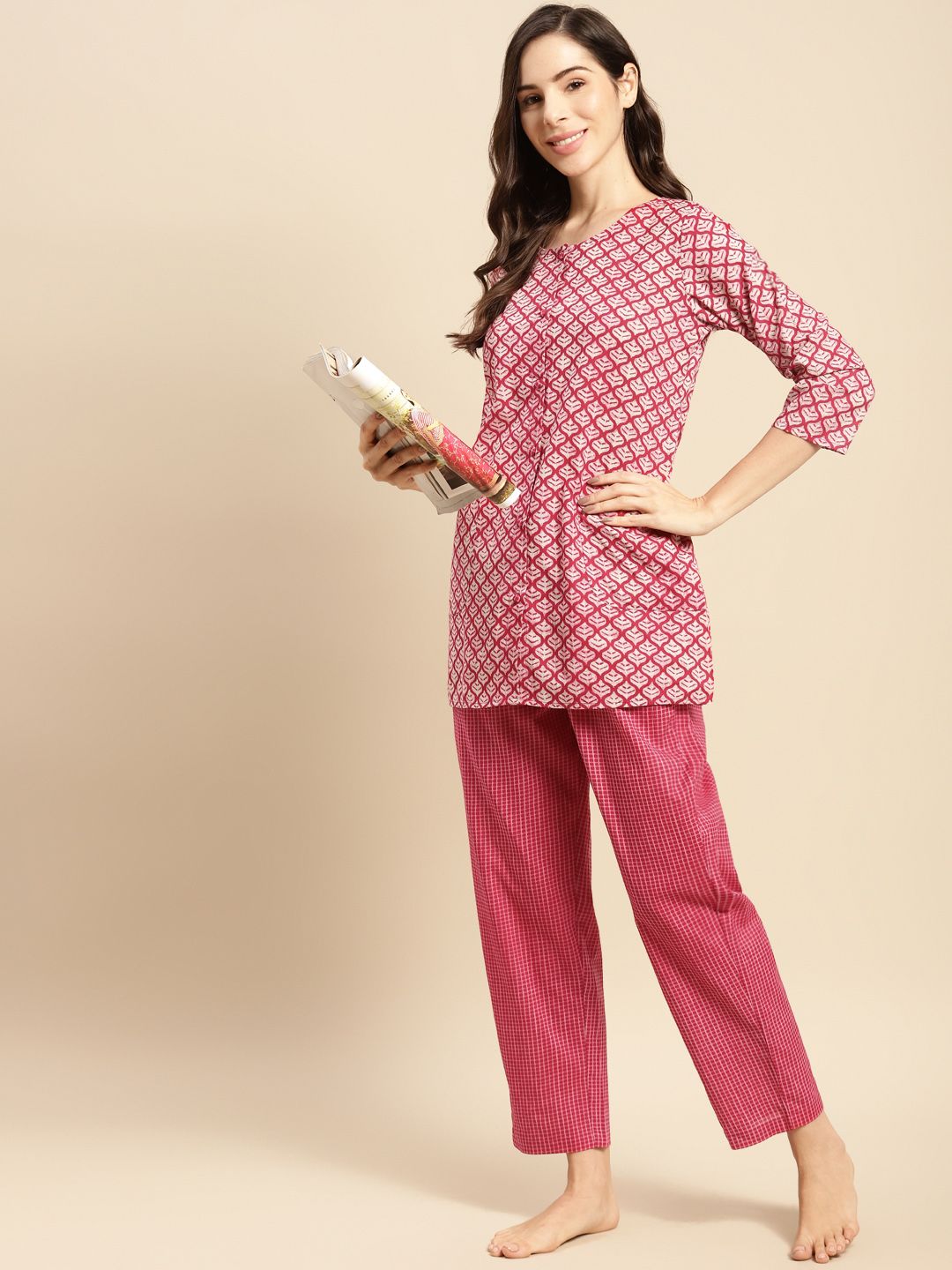 Prakrti Women Pink Printed Cotton Night suit Price in India