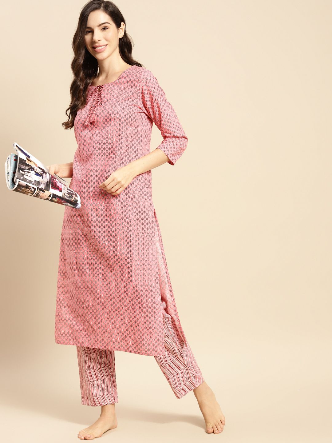 Prakrti Women Peach-Coloured Printed Cotton Night suit Price in India