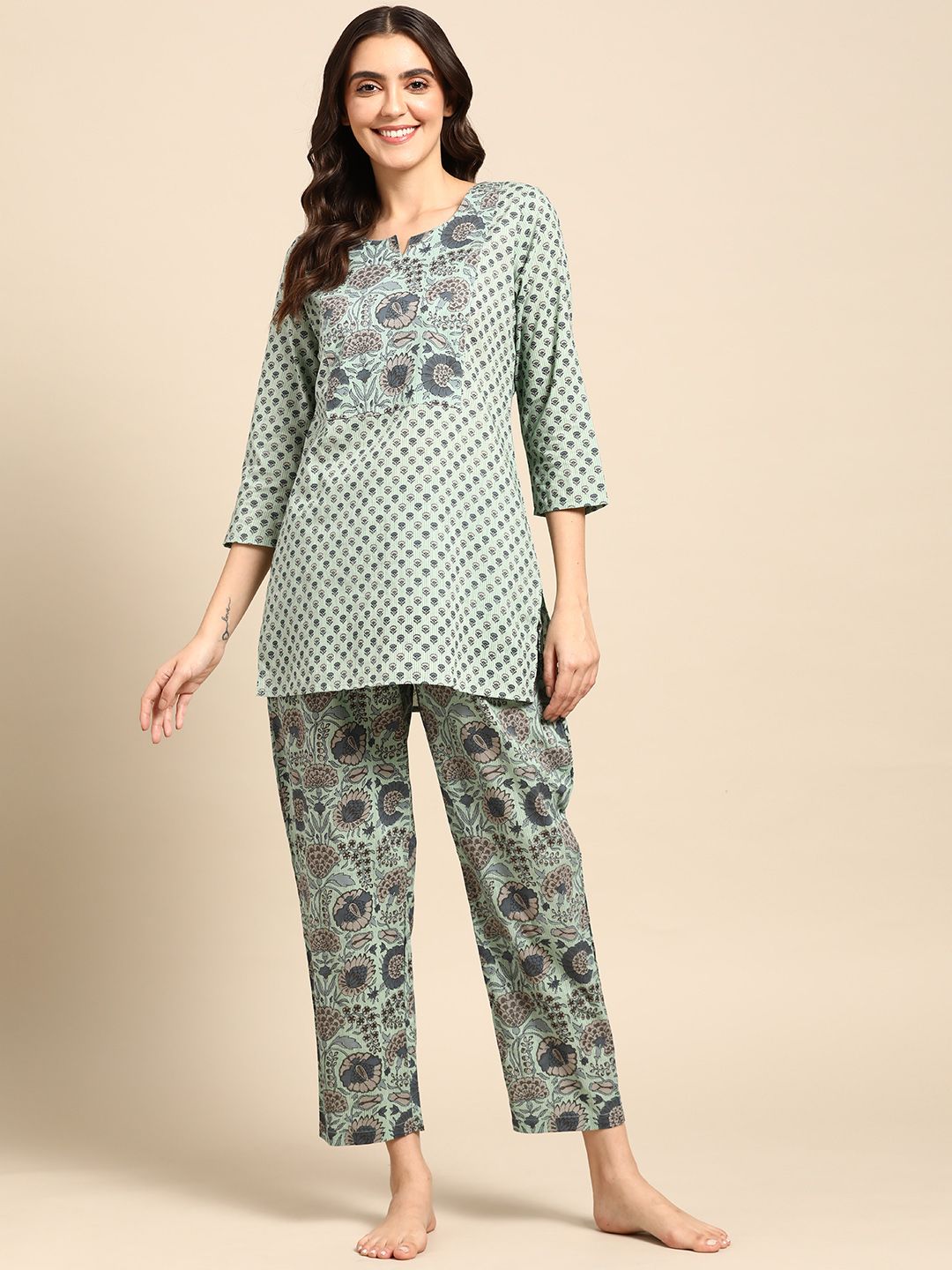 Prakrti Women Mint Green & Blue Printed Pure Cotton Night suit Price in India