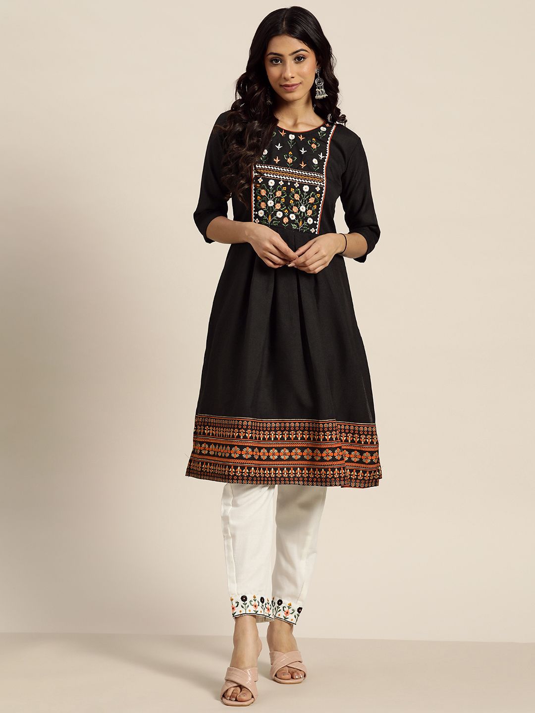 Sangria Women Black Ethnic Motifs Yoke Design Kurta with Trousers Price in India