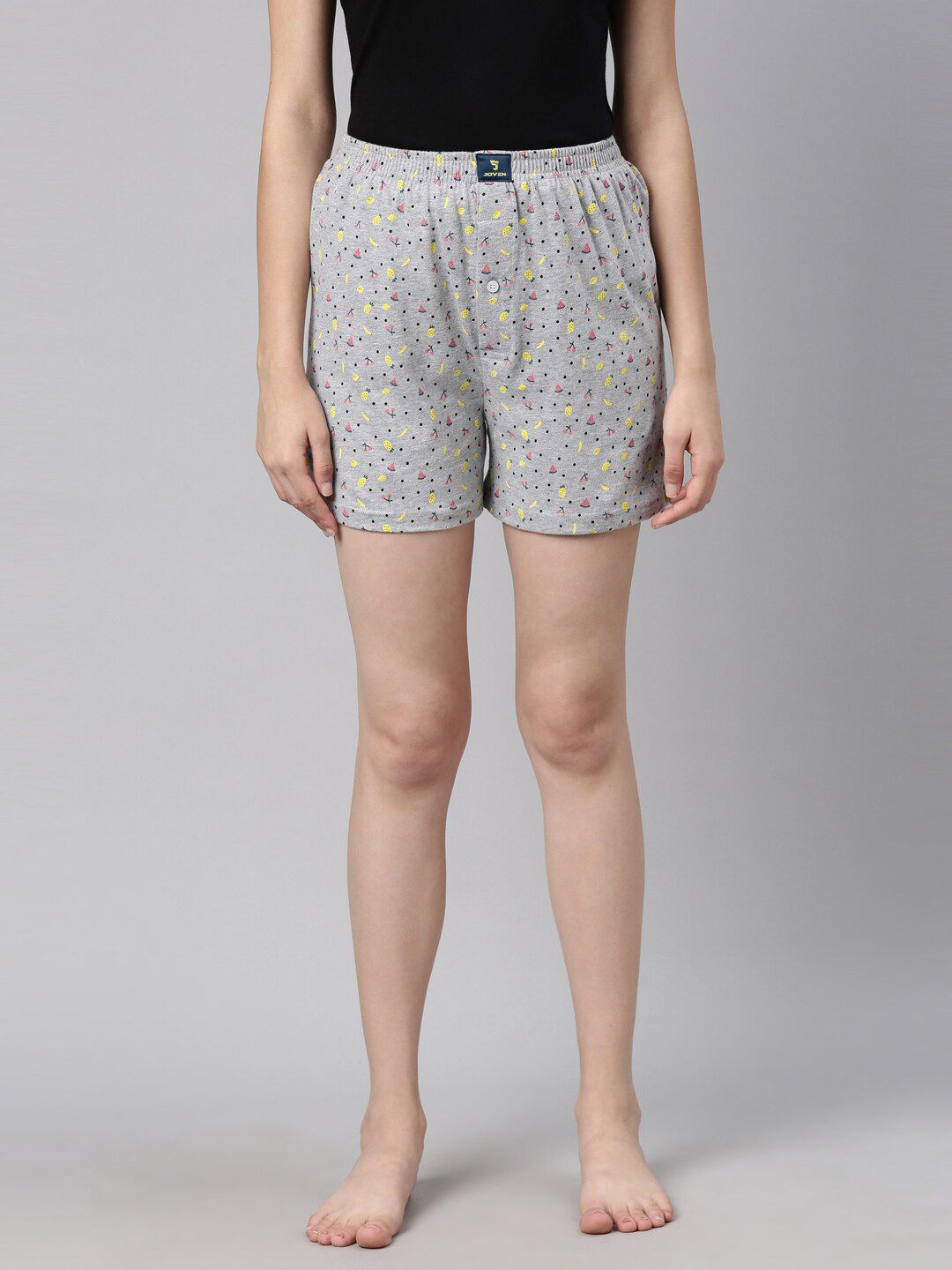 Curare Women Grey & Yellow Printed Lounge Shorts Price in India