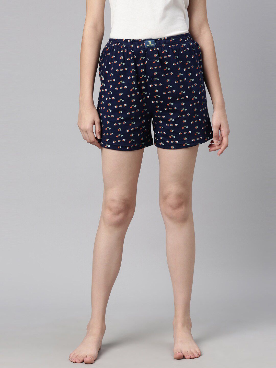 Curare Women Navy Blue & Red Printed Cotton Lounge Shorts Price in India