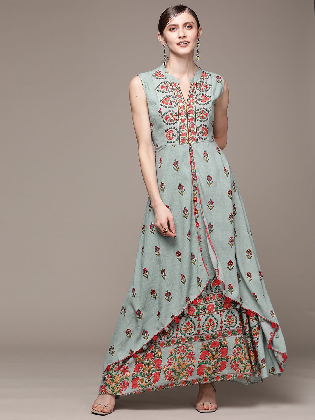 aarke Ritu Kumar Green & Red Ethnic Motifs Layered Maxi Dress Price in India